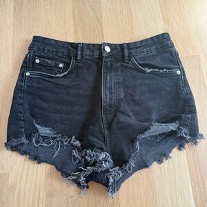 Zara Black Distressed High-Waist Denim Shorts